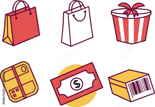 Shopping icons: bags, gift box, package, money, and barcode on vector Illustration white background