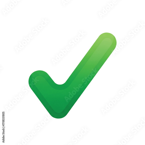 A vibrant green checkmark symbol with a subtle gradient and a slight shadow, isolated on a white background.