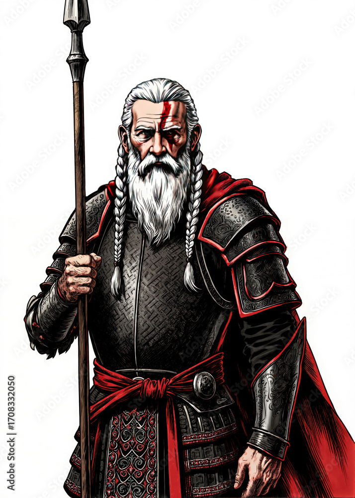 Fototapeta premium Fantasy RPG character illustration of an older male warrior with white braided beard wearing ornate black and red lamellar armor, old school medieval fighter design for roleplay