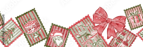 Hand-drawn seamless Christmas border with vintage postage stamps. Watercolor retro holiday illustration with Santa, nutcracker, and bow, isolated on white background