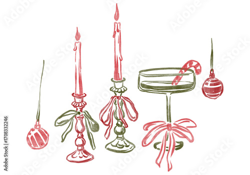 Seamless Christmas border with hand-drawn candles, cocktails, and ornaments. Festive holiday party illustration isolated on white background