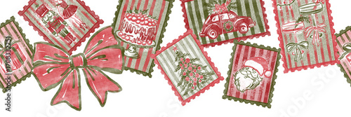 Hand-drawn seamless Christmas border with vintage postage stamps. Watercolor retro holiday illustration with Santa, nutcracker, and bow, isolated on white background
