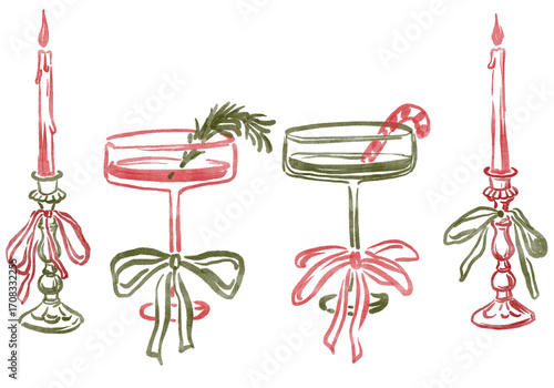 Seamless Christmas border with hand-drawn candles, cocktails, and ornaments. Festive holiday party illustration isolated on white background