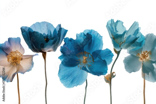 Pale blue poppies in a horizontal row