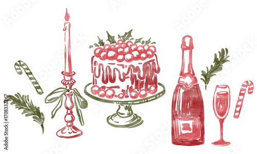 Seamless Christmas border with hand-drawn candles, cocktails, and ornaments. Festive holiday party illustration isolated on white background