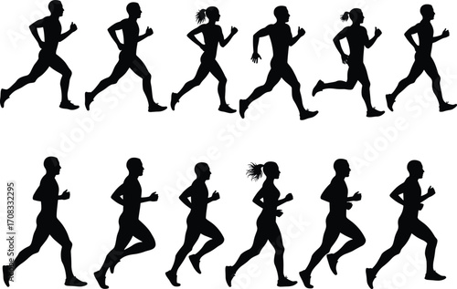 Running silhouettes collection, jogging athlete vector illustrations, fitness runners graphic pack, marathon training icons, active lifestyle clipart, editable sports design resources