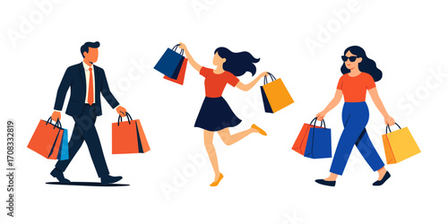 Man in suit and girlfriends with shopping bags