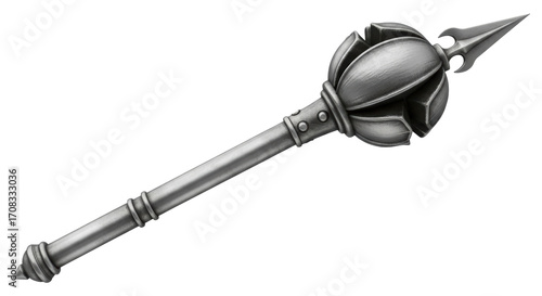 Isolated antique silver mace weapon with a pointy end, metal medieval weapon, antique armament