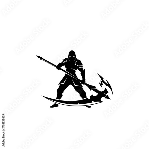 Silhouetted hooded figure wielding a stylized scythe