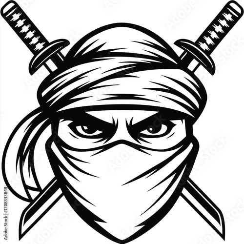 Masked warrior with fierce eyes and crossed swords evokes a sense of stealth and power