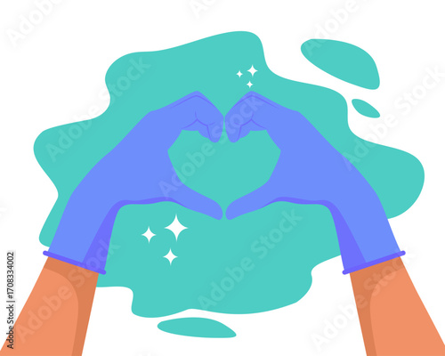 Two Rubber Gloves making LOVE HEART sign. Isolated on green background. Vector illustration flat style.