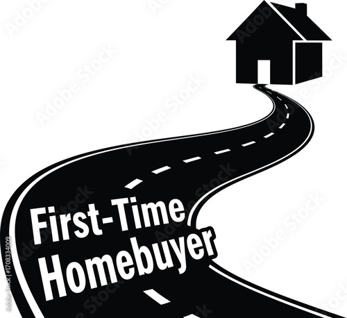 First-Time Homebuyer Silhouette: Winding Road Leading to a House with Text Following Path