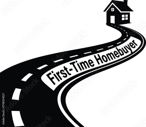 First-Time Homebuyer Silhouette: Winding Road Leading to a House with Text Following Path