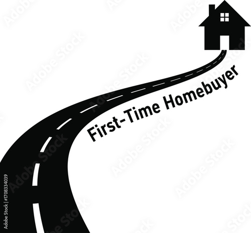 First-Time Homebuyer Silhouette: Winding Road Leading to a House with Text Following Path