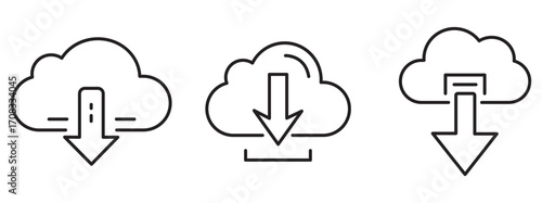 Cloud Download Icon Set – Outline and Minimal Symbols for Data, Storage, and Digital Technology
