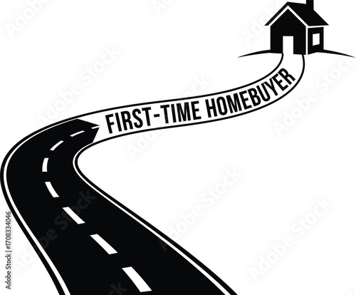 First-Time Homebuyer Silhouette: Winding Road Leading to a House with Text Following Path