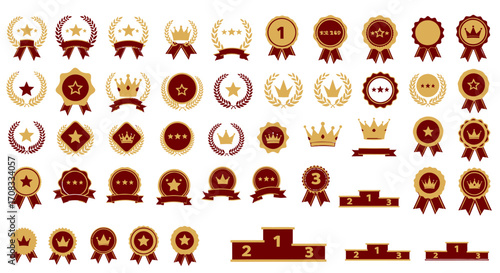 Collection of Gold and Burgundy Award Badges, Ribbons, and Podiums.