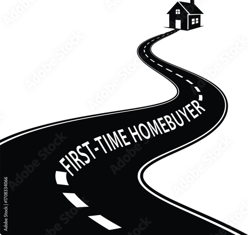 First-Time Homebuyer Silhouette: Winding Road Leading to a House with Text Following Path
