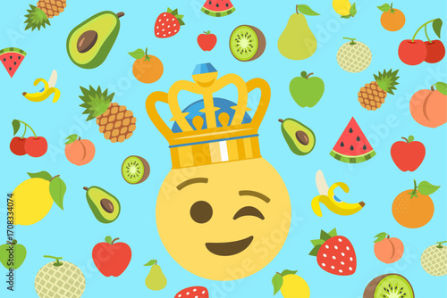 Vector illustration of a winking emoji face with a golden crown surrounded by fruits like banana, kiwi, watermelon, cherry, apple, avocado, strawberry, orange, lemon, pear, and pineapple.