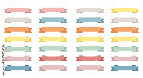 Collection of pastel colored flat vector ribbon banners with various end cuts, decorative graphic elements.