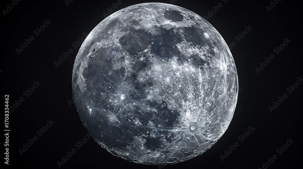 Fototapeta premium Supermoon Full Phase Capture: Lunar Craters and Maria in Hyperrealistic Detail, 800mm Telephoto Shot from Dark Sky Reserve