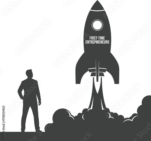 First-Time Entrepreneurs Silhouette: Person on Launchpad with Rocket Ship Takeoff

