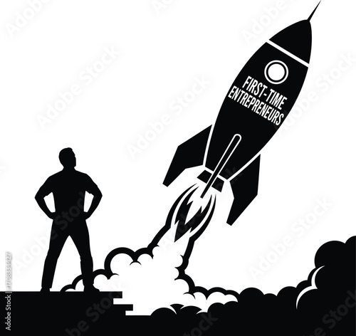 First-Time Entrepreneurs Silhouette: Person on Launchpad with Rocket Ship Takeoff

