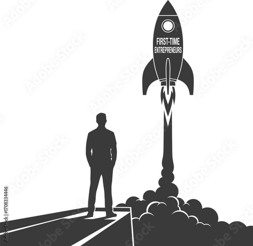 First-Time Entrepreneurs Silhouette: Person on Launchpad with Rocket Ship Takeoff

