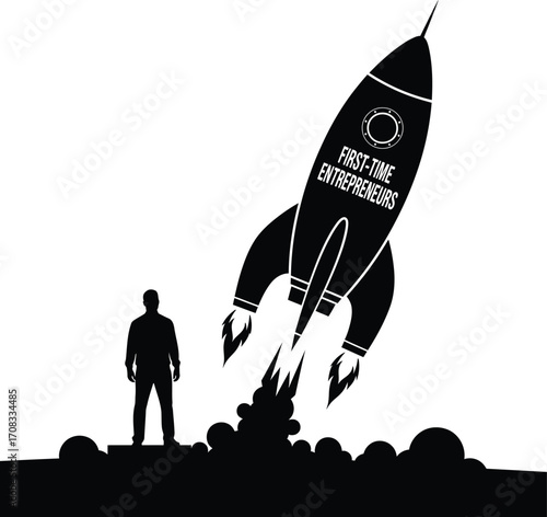 First-Time Entrepreneurs Silhouette: Person on Launchpad with Rocket Ship Takeoff

