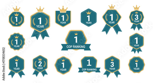 Collection of Teal and Gold First Place Award Badges with Crowns.