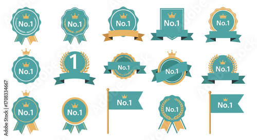 Collection of teal and gold No. 1 badges, ribbons, and flags, featuring crowns and stars.