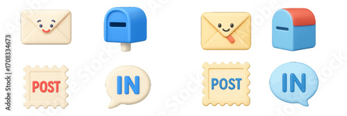 Charming mail icons with envelopes, post boxes, stamps, and chat bubbles