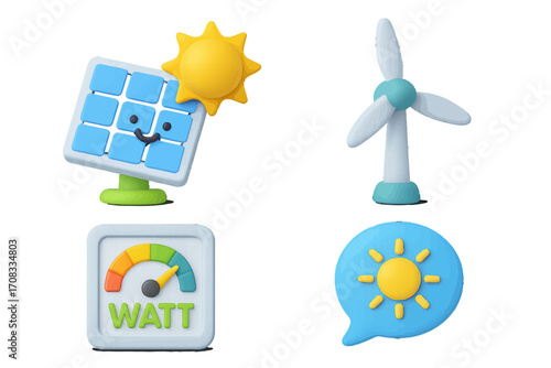 Renewable energy icons: solar panel, wind turbine, sun, and meter