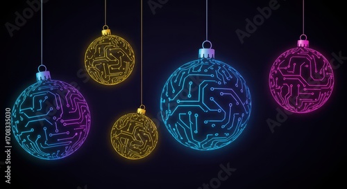 Four glowing circuit board christmas ornaments hang against a dark backdrop, showcasing vibrant neon colors.