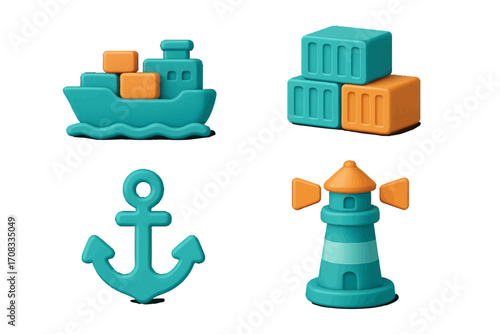 Nautical icons: ship, cargo containers, anchor, lighthouse