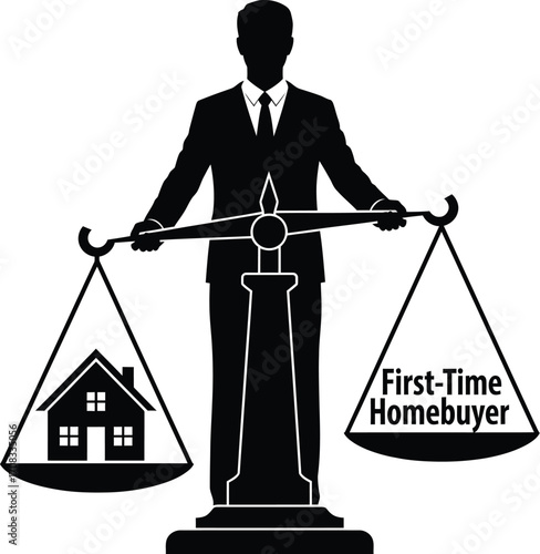 First-Time Homebuyer Balancing a Budget on a Scale, with a House and "First-Time Homebuyer" Text