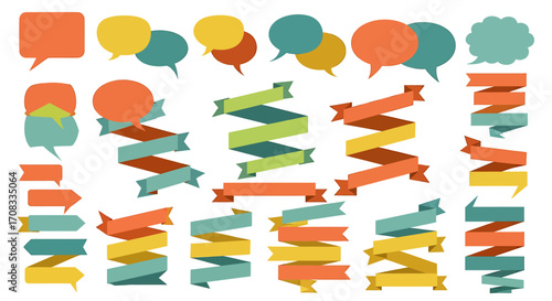 Colorful Collection of Various Speech Bubbles and Ribbons in Flat Design Style.