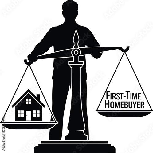 First-Time Homebuyer Balancing a Budget on a Scale, with a House and "First-Time Homebuyer" Text
