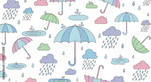 Colorful Cartoon Umbrellas, Clouds, and Raindrops Pattern on White Background.