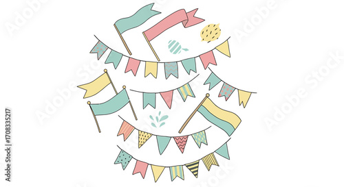 Colorful Hand-Drawn Bunting Flags in Pastel Tones.