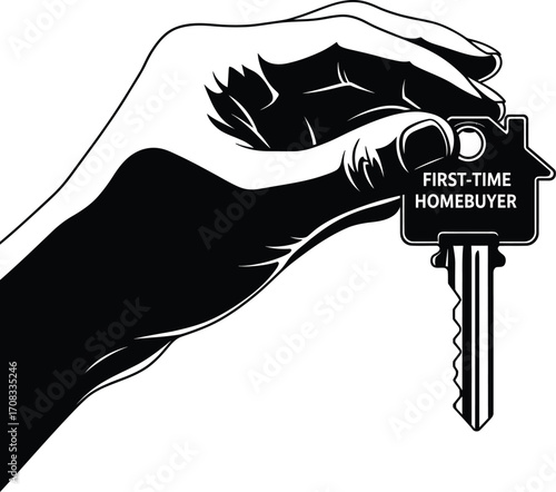 First-Time Homebuyer Silhouette: Hand Holding House Key - Concept of New Home Ownership

