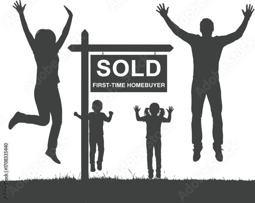 First-Time Homebuyer Silhouette: Family Jumping for Joy in front of a Sold Sign

