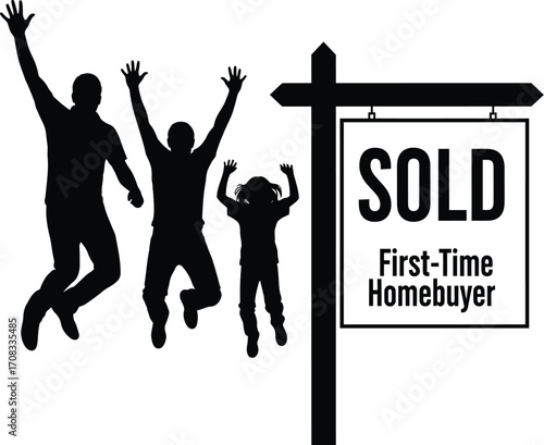 First-Time Homebuyer Silhouette: Family Jumping for Joy in front of a Sold Sign

