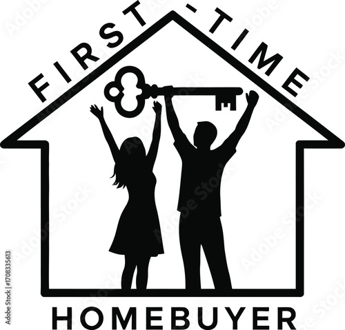 First-Time Homebuyer Silhouette: Couple with Key and House Background

