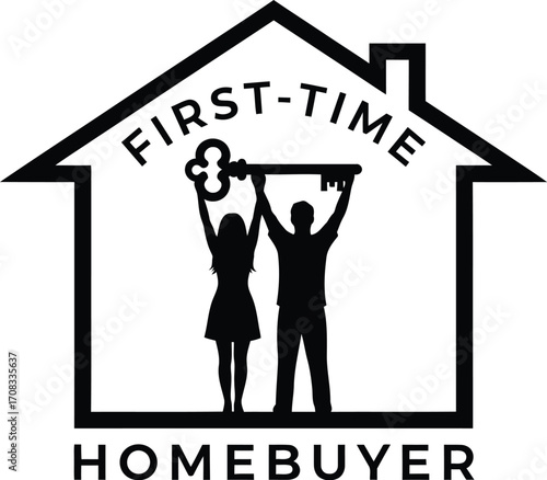 First-Time Homebuyer Silhouette: Couple with Key and House Background

