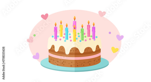 Festive Birthday Cake with Colorful Candles and Sprinkles.