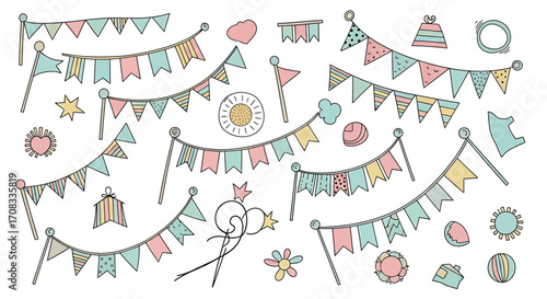 Hand-Drawn Pastel Colored Bunting Flags and Decorative Party Elements Collection.