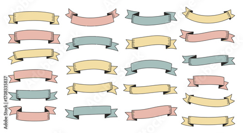Hand-drawn pastel ribbon banners collection with varied shapes, folded ends, and decorative doodle style.