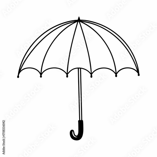 A simple black line art vector icon of an umbrella symbolizing protection. The umbrella is open, with curved canopy lines and a straight handle. The design represents insurance, safety, and security. 