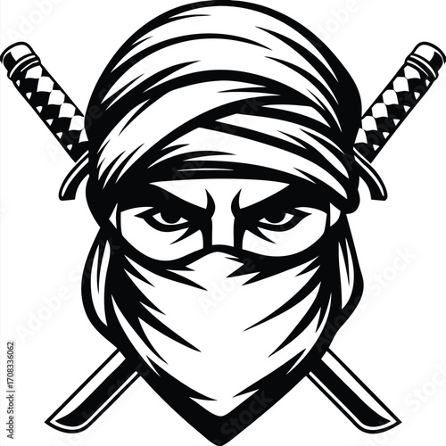 The fierce ninja head wearing a mask with crossed swords stares intensely forward